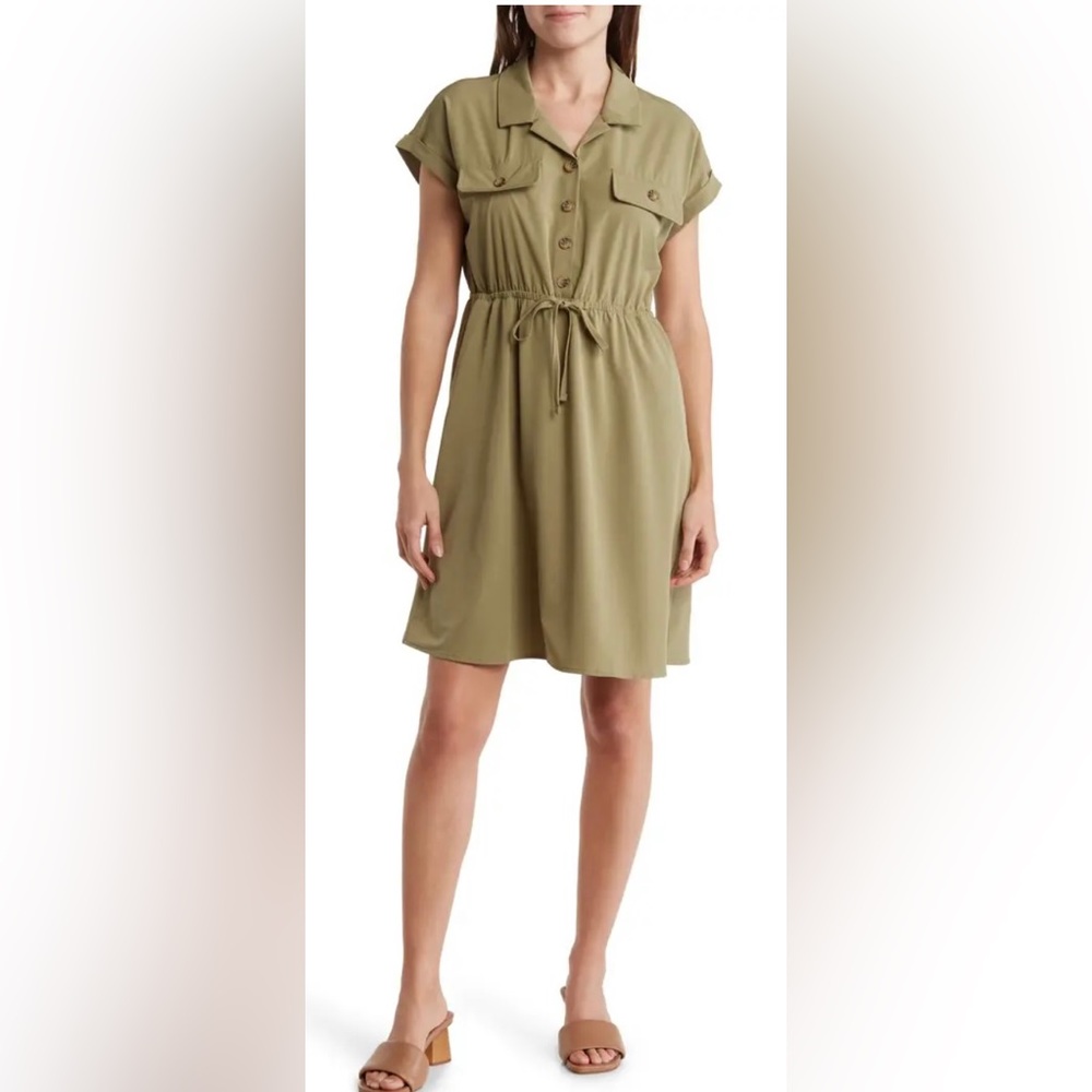 NWOT Lucky Brand Olive Cap Sleeve Utility Shirt Mini Dress w/Pockets sz L
